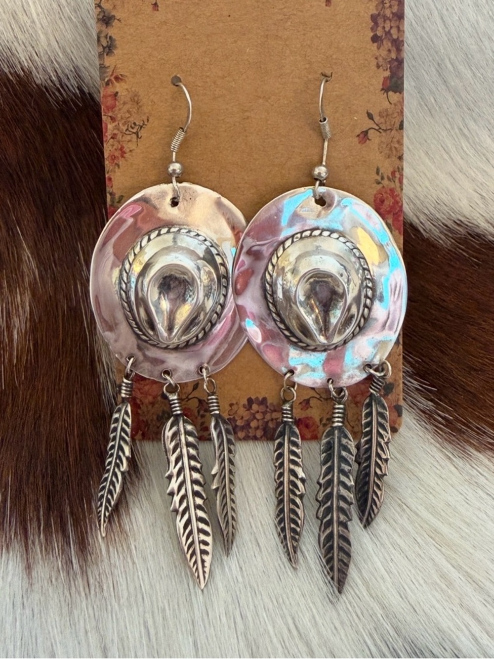 ❤️ Signed “PAJ” Vintage Sterling Silver 9.2G Cowboy Hat w Feather Dangles 3.12”L